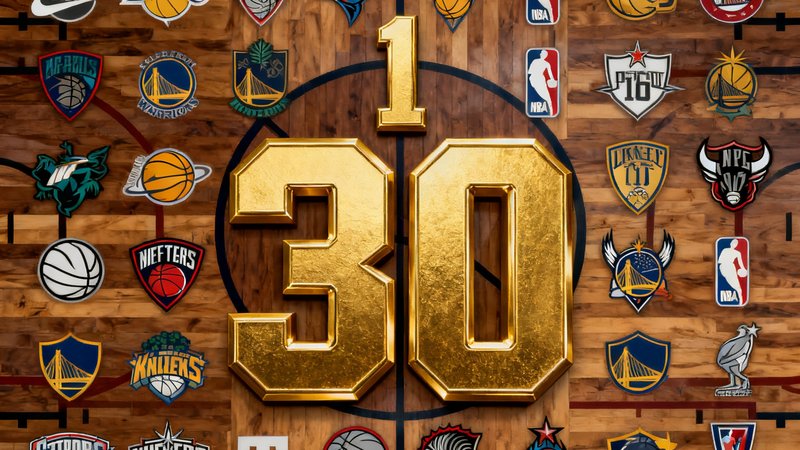 NBA赛季中期实力排名主题图，篮球场木地板纹理上排列着30支球队队徽，中央为金色的排名数字，充满竞技张力